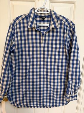 Lucky Brand sz M longer half button top plaid gingham check blues 100% cotton
